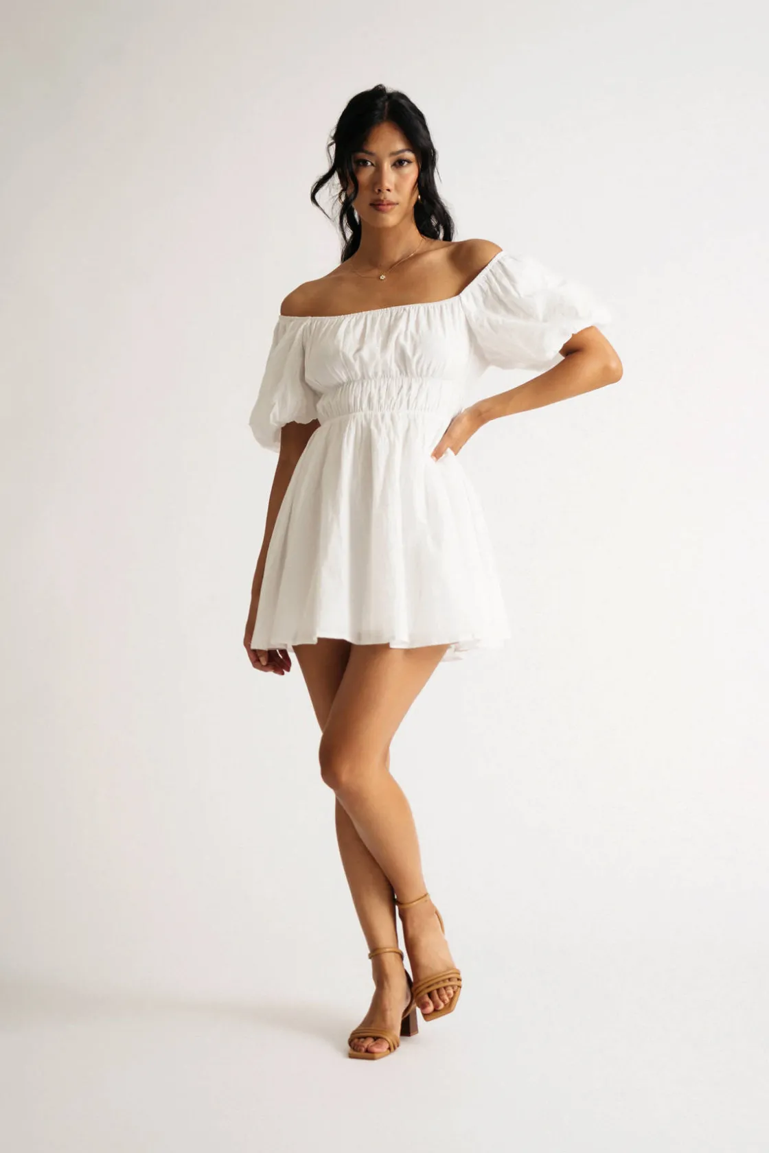 Tobi Alison Puff Sleeve Ruched Skater Mini Dress