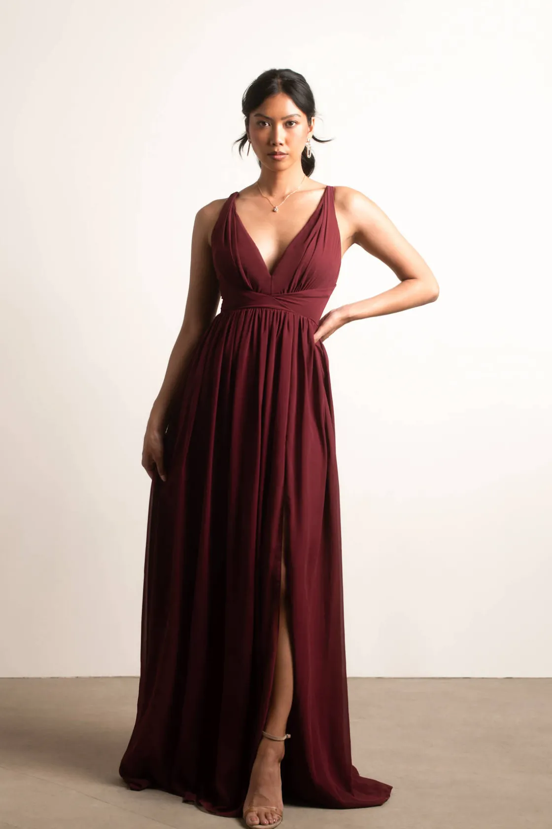 Tobi All I Ever Need Deep V High Slit Maxi Dress - Burgundy