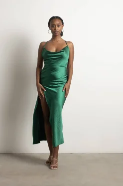 Tobi Always Yours Satin High Slit Midi Dress - Champagne