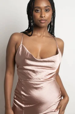 Tobi Always Yours Satin High Slit Midi Dress - Champagne