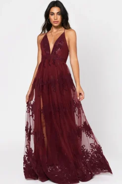 Tobi Analise Plunging Floral Maxi Dress - Plum