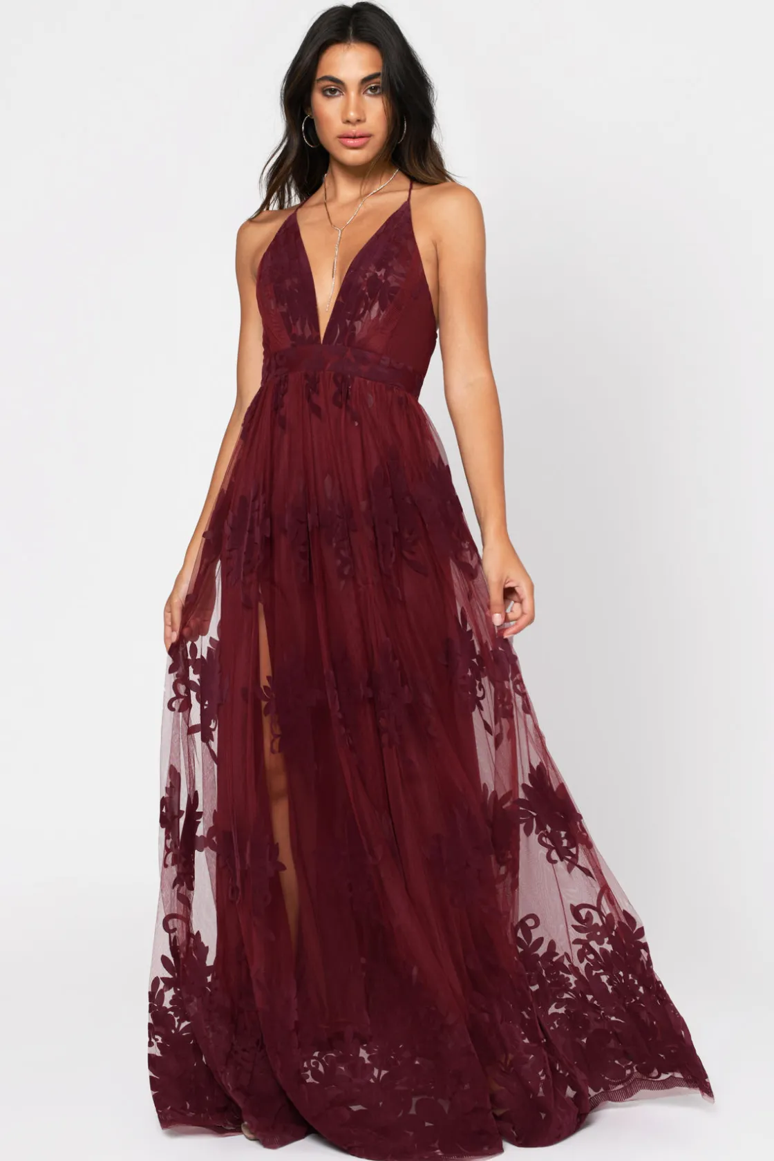 Tobi Analise Plunging Floral Maxi Dress - Plum