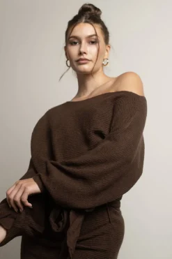 Tobi Arabelle Off The Shoulder Sweater Mini Dress - Chocolate