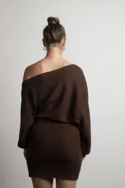Tobi Arabelle Off The Shoulder Sweater Mini Dress - Chocolate
