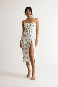 Tobi Azalia Floral Slit Midi Dress - White Multi