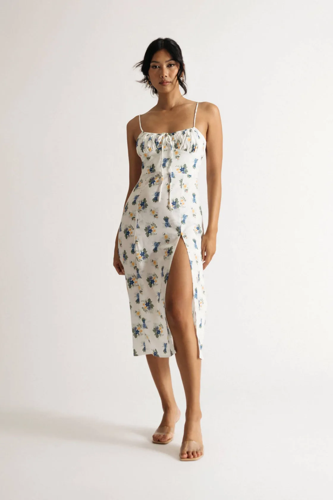Tobi Azalia Floral Slit Midi Dress - White Multi
