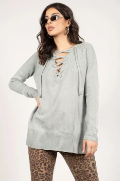 Tobi Be On My Side Lace Up Sweater - Olive