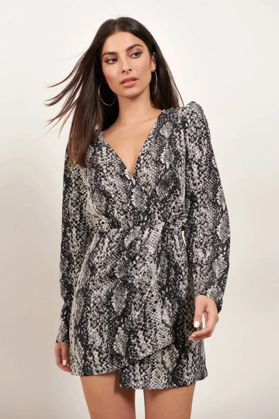 Tobi Be On Time Snake Print Puff Sleeve Mini Dress -