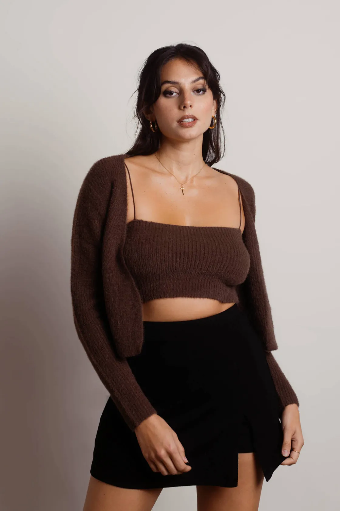 Tobi Beatrice Fuzzy Crop Top And Cardigan Set - Black