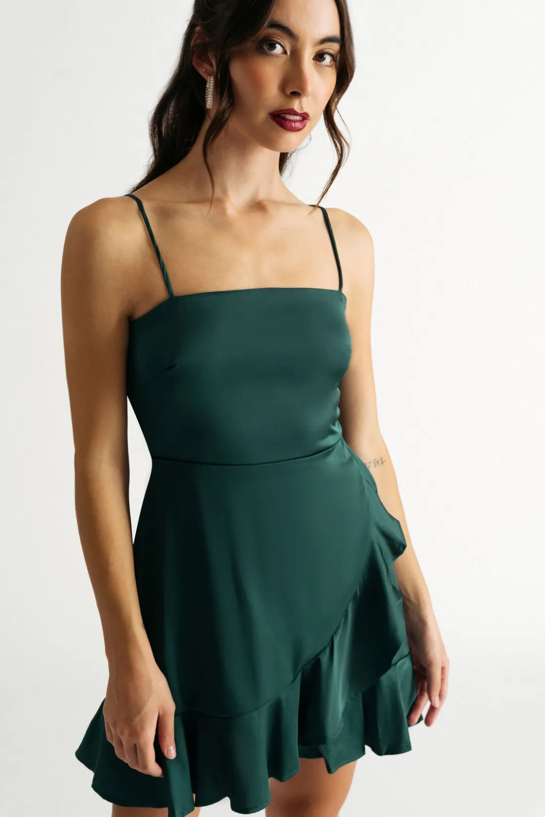 Tobi Beezus Satin Ruffle Wrap Skater Mini Dress