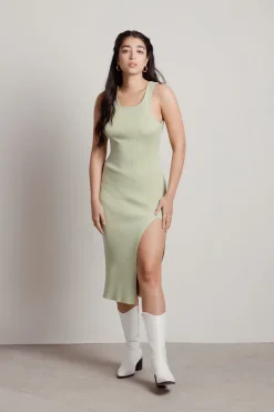 Tobi Better Again Open Back High Slit Midi Dress - Green