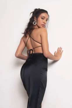 Tobi Blush Away Black Satin Asymmetrical Backless Midi Dress