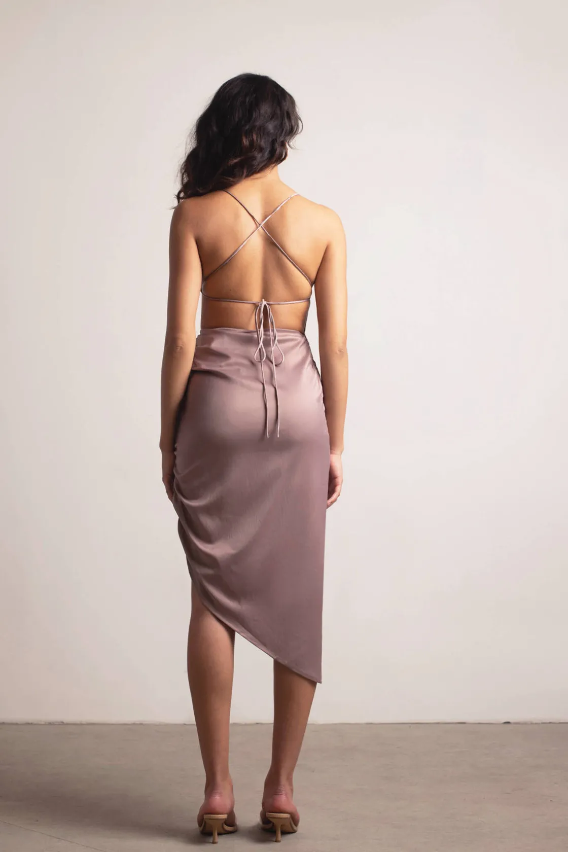 Tobi Blush Away Black Satin Asymmetrical Backless Midi Dress