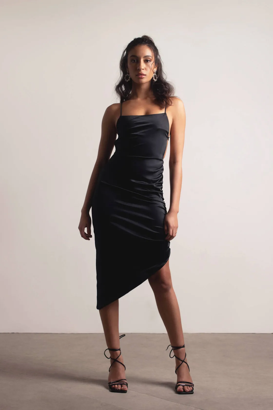 Tobi Blush Away Black Satin Asymmetrical Backless Midi Dress