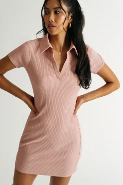 Tobi Break Point Collared Ribbed Mini Dress - Blush