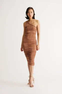 Tobi Breanna Asymmetrical Bodycon Midi Dress - Brown