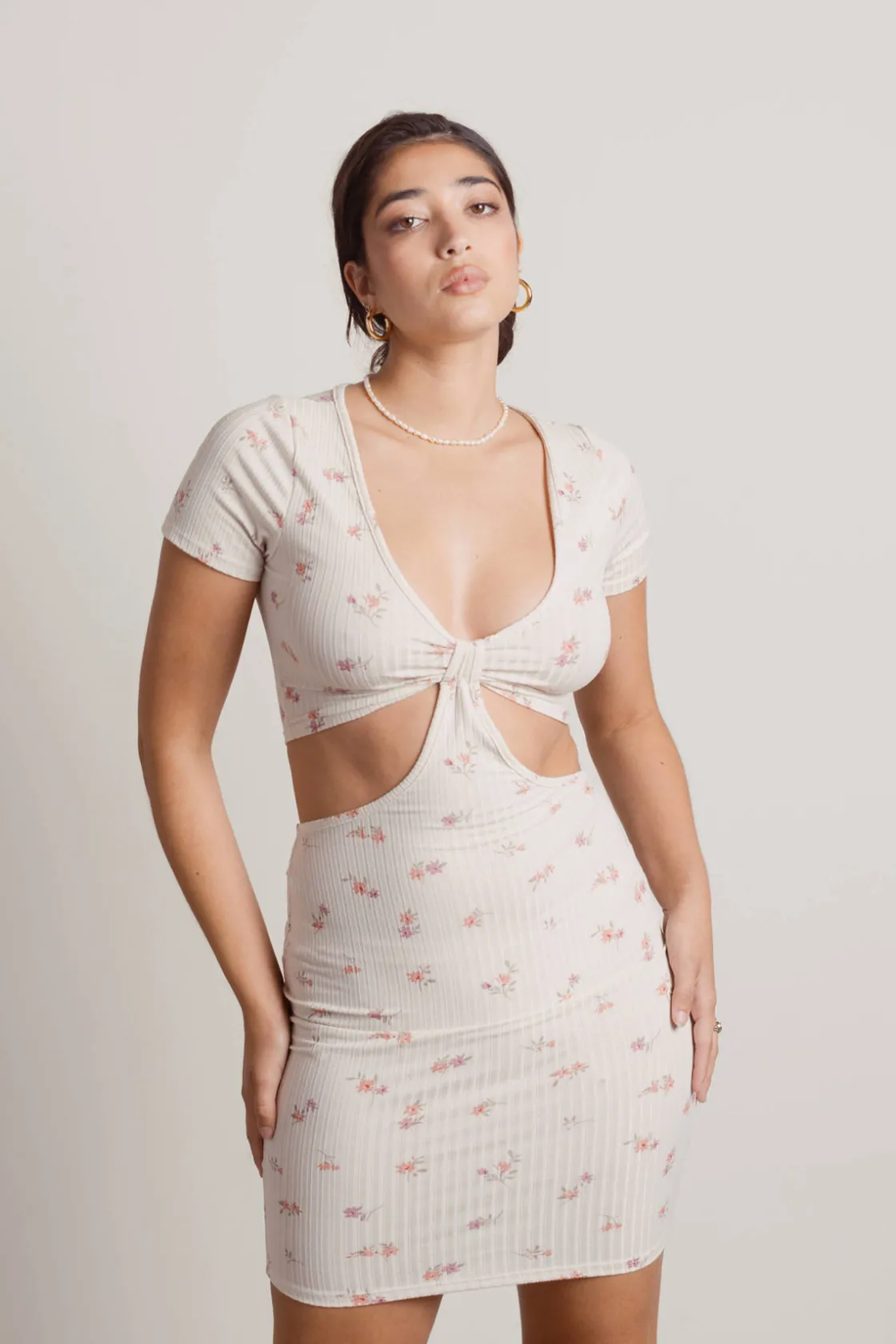 Tobi Bring It Floral Cutout Mini Dress - Ivory Multi
