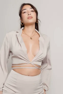 Tobi Brooke Two Piece Satin Crop Shirt And Skirt Set