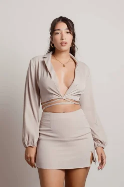 Tobi Brooke Two Piece Satin Crop Shirt And Skirt Set