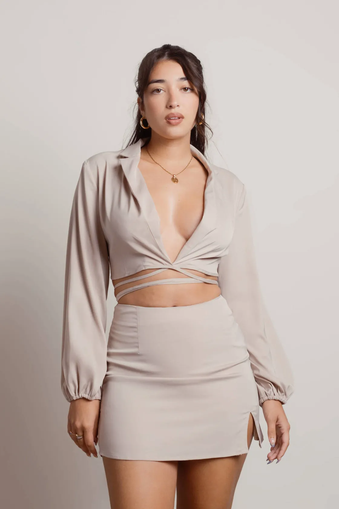 Tobi Brooke Two Piece Satin Crop Shirt And Skirt Set