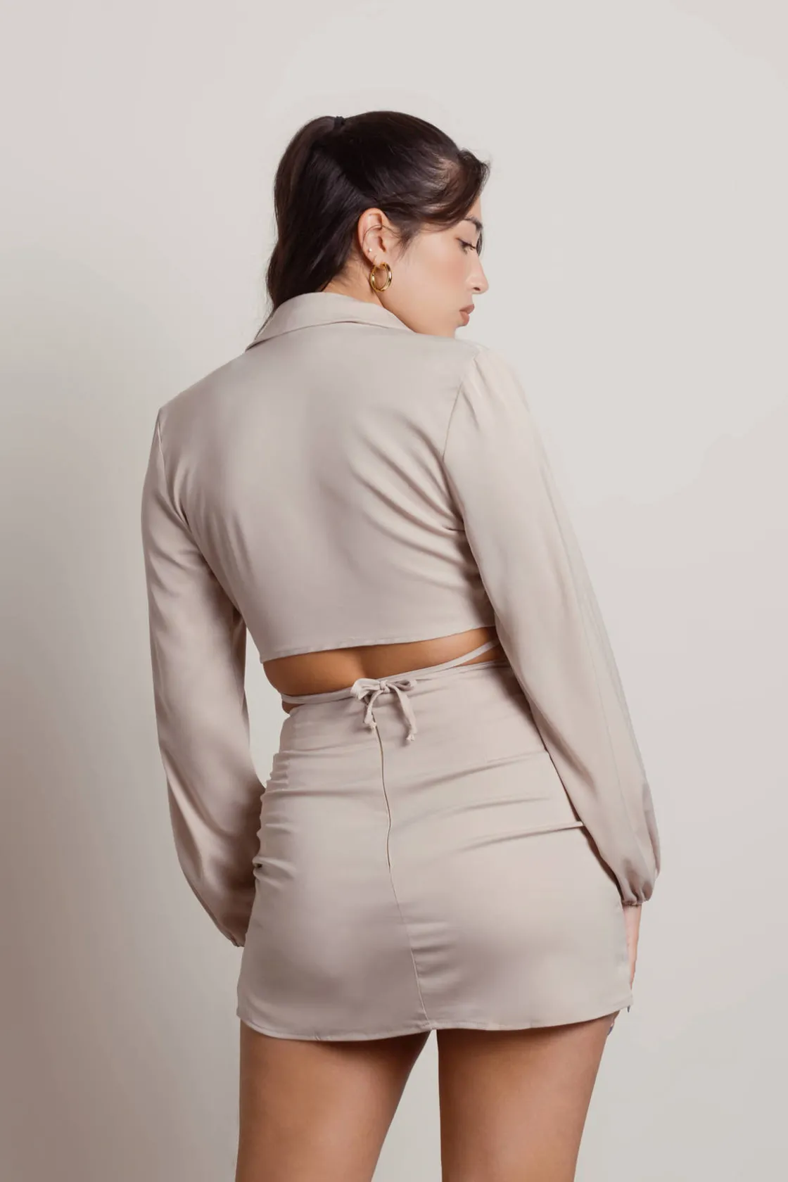 Tobi Brooke Two Piece Satin Crop Shirt And Skirt Set