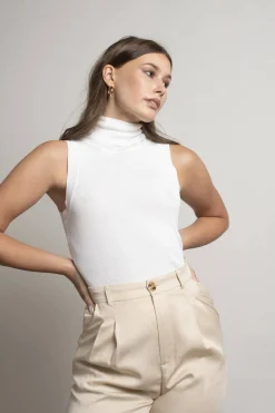 Tobi Cassie Ivory Ribbed Turtleneck Sleeveless Top