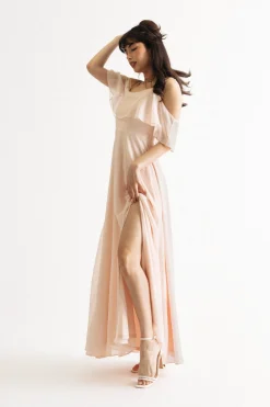 Tobi Charlene Off The Shoulder Slit Maxi Dress - Cream