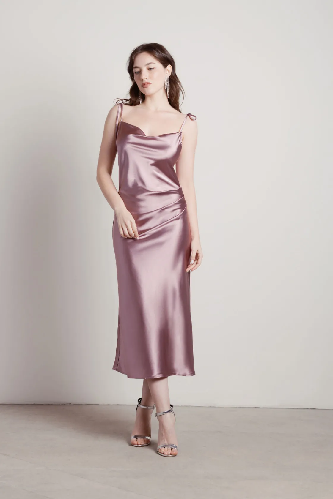 Tobi Charm Me Satin Cowl Neck Midi Dress - Blush