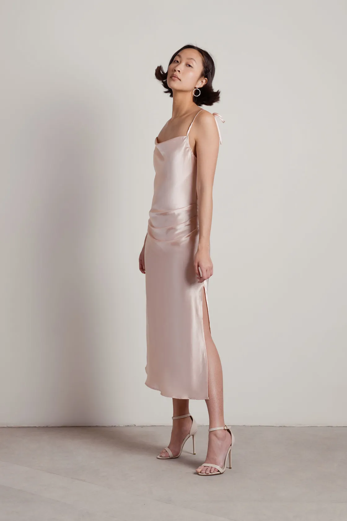 Tobi Charm Me Satin Cowl Neck Midi Dress - Blush
