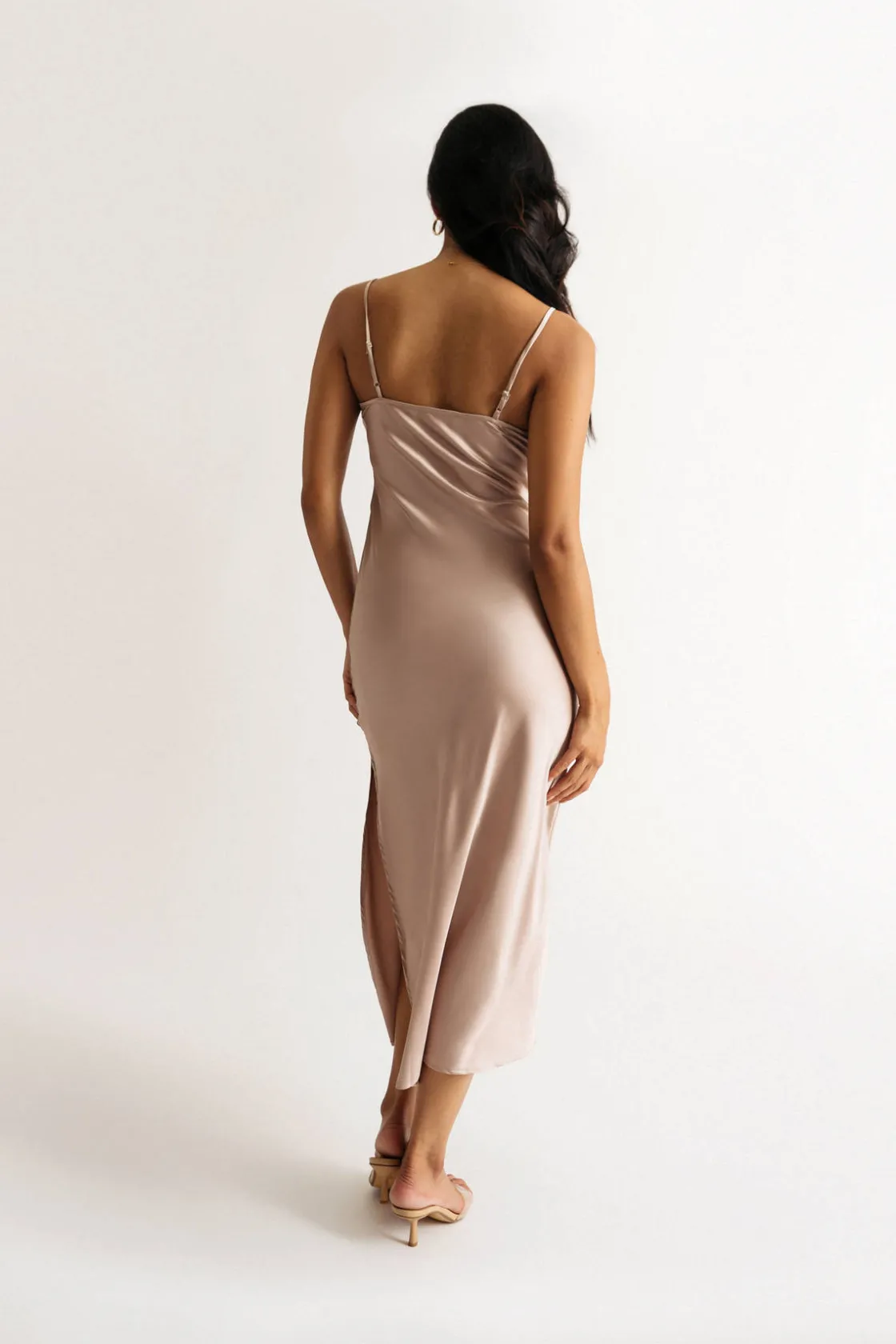 Tobi Christine Satin Lace Trim Ruched Slip Midi Dress