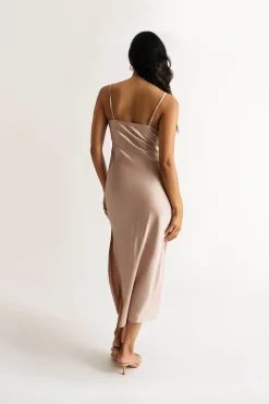 Tobi Christine Satin Lace Trim Ruched Slip Midi Dress