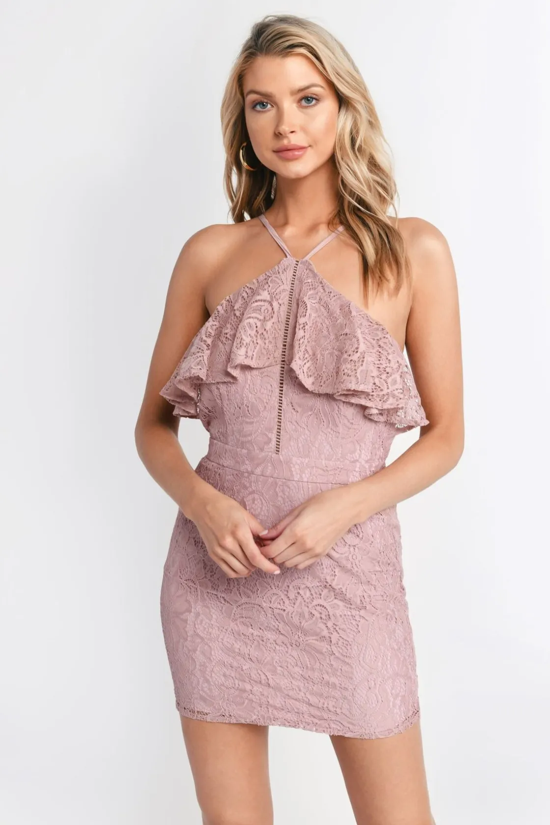 Tobi Clara Ruffle Lace Mini Dress - Light Blue