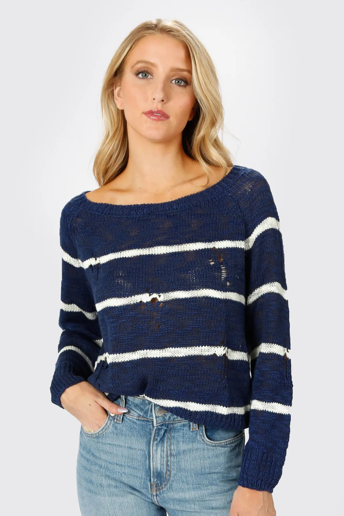 Tobi College Ruled Distressed Sweater -