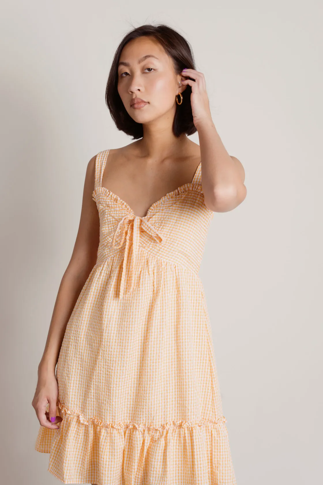 Tobi Cottage Whimsy Front Tie Gingham Mini Dress -