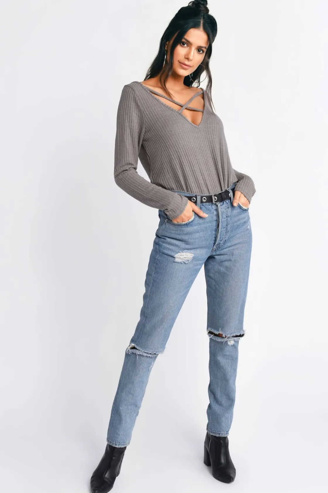 Tobi Cross My Heart Criss Cross Top - Taupe