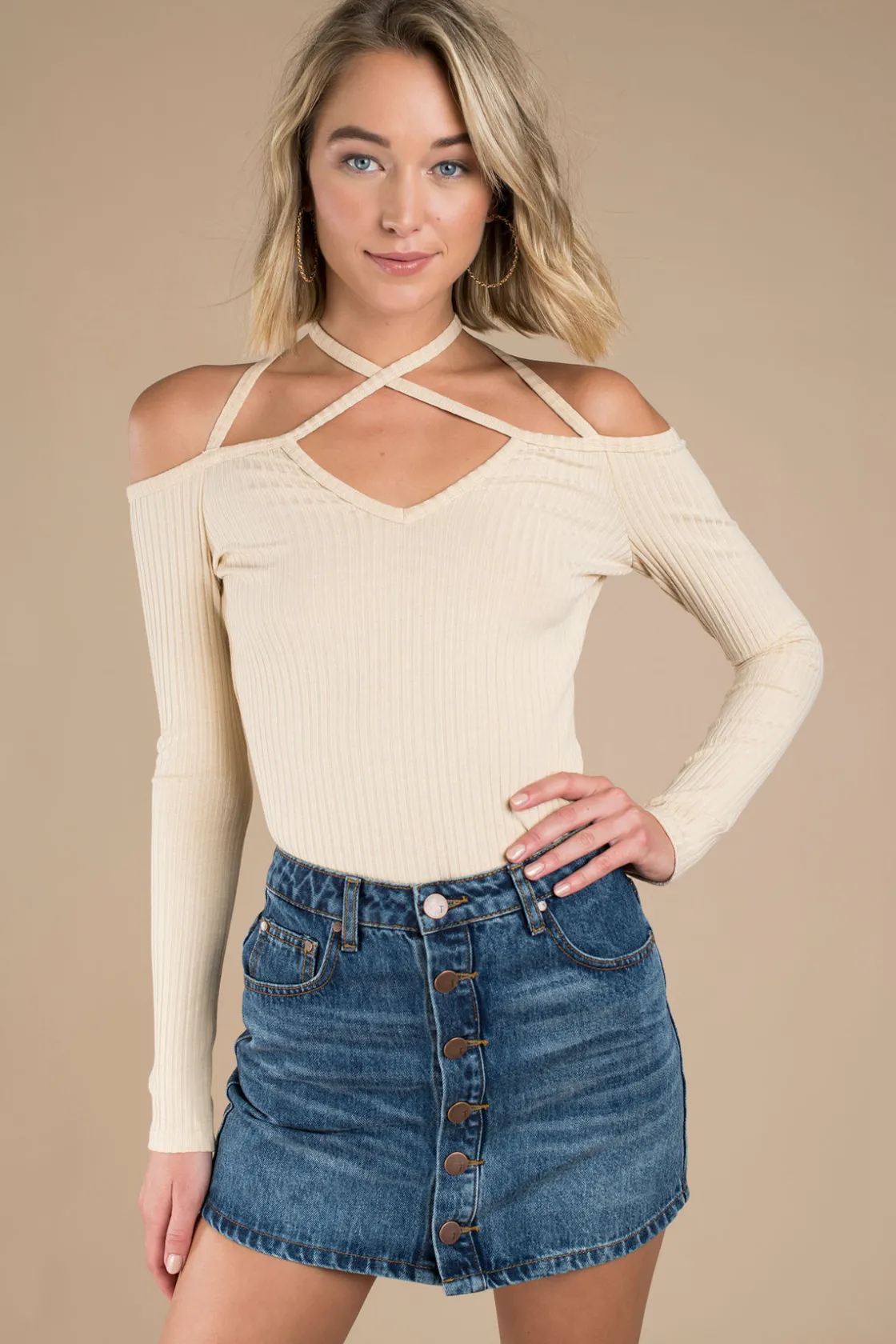 Tobi Cross My Mind Cross Halter Top - Toast