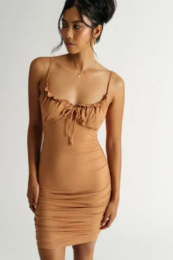 Tobi Dani Ruched Front Tie Mini Dress - Toffee Brown