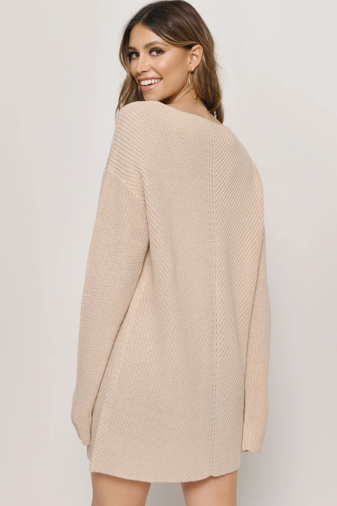 Tobi Don't Let Me Down Plunging Sweater Mini Dress - Toast
