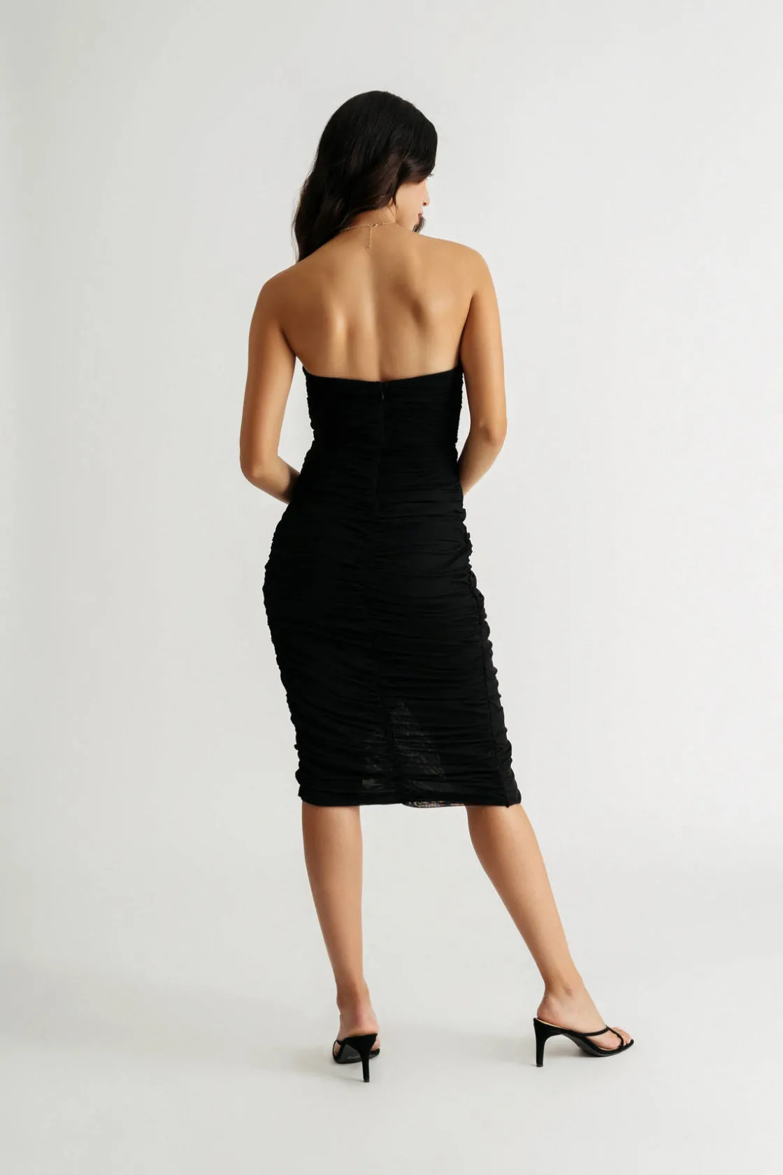 Tobi Dreamy State Black Strapless Ruched Midi Dress