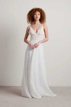Tobi Enchanted Crochet Deep V Maxi Dress - White