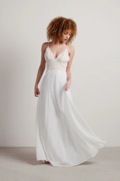 Tobi Enchanted Crochet Deep V Maxi Dress - White