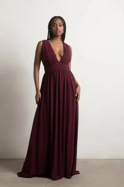 Tobi Everlasting Moment Plunging High Slit Maxi Dress - Burgundy