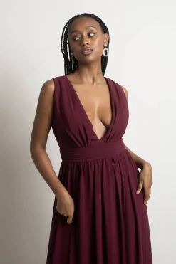 Tobi Everlasting Moment Plunging High Slit Maxi Dress - Burgundy