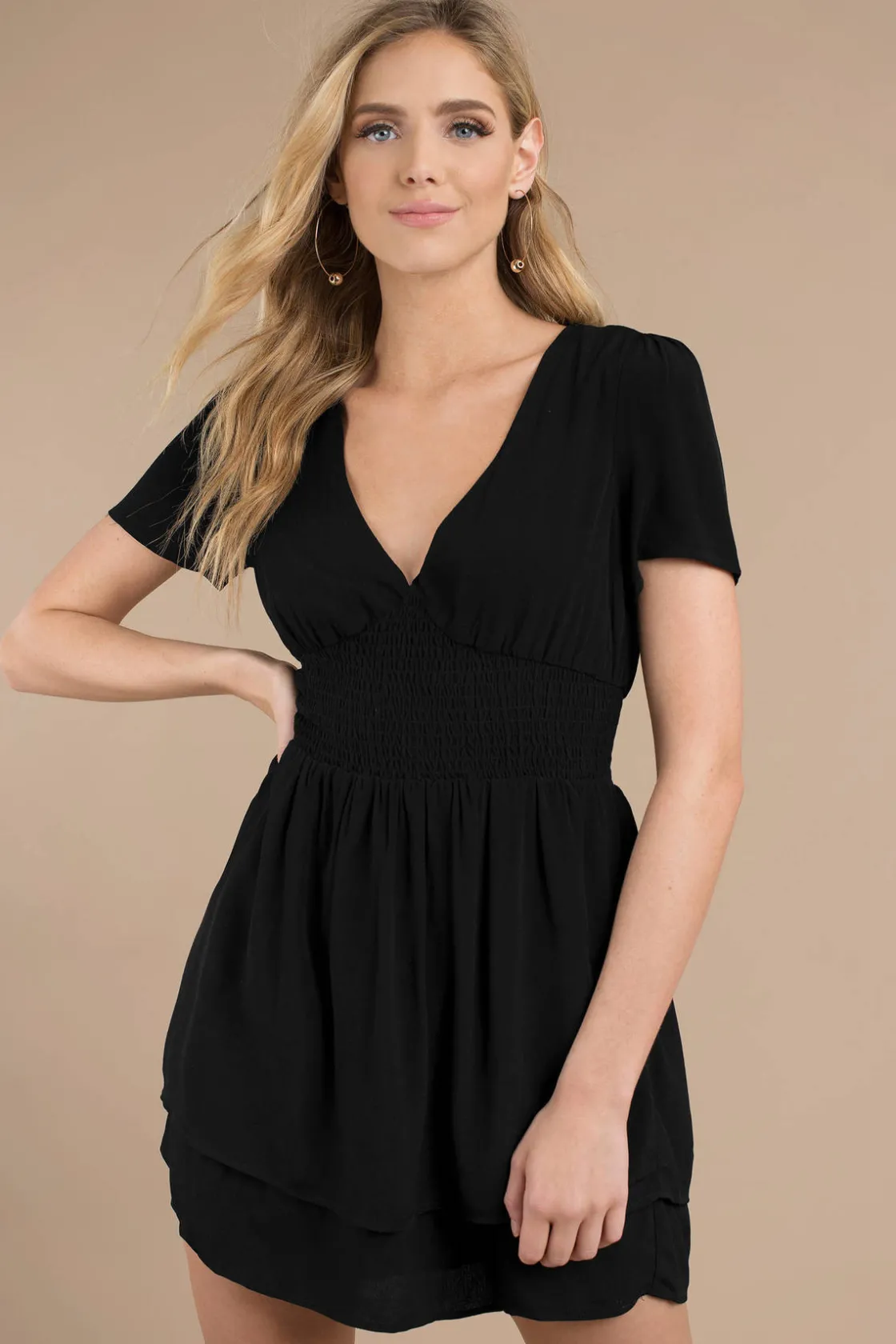 Tobi Float My Way Plunging Smocked Mini Dress -