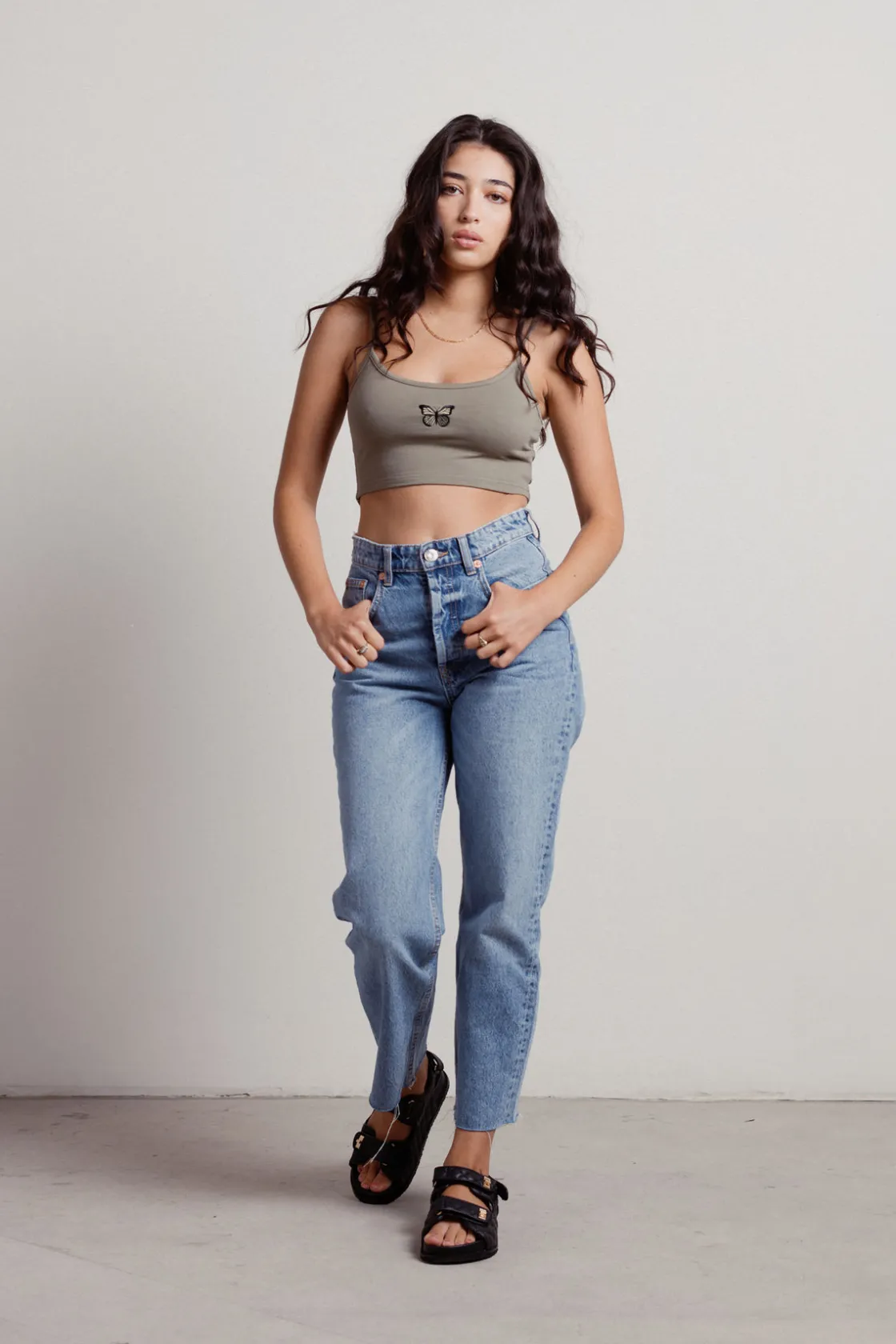 Tobi Free Butterfly Embroidered Crop Top - Heather Grey