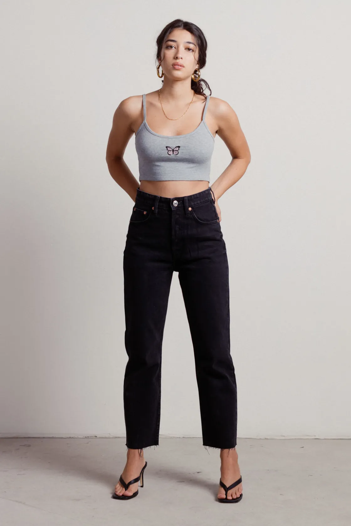 Tobi Free Butterfly Embroidered Crop Top - Heather Grey