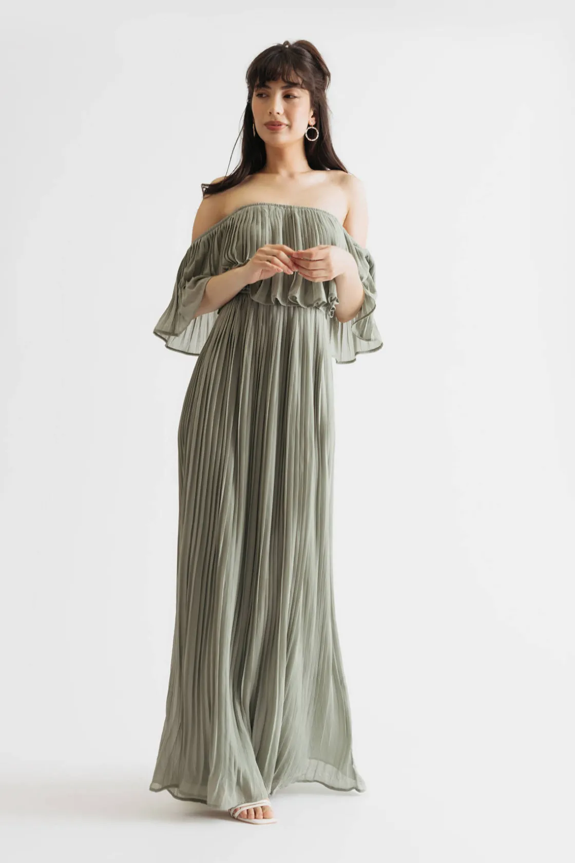Tobi Free Spirited Pleated Off The Shoulder Maxi Dress - Blue