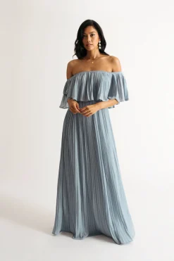 Tobi Free Spirited Pleated Off The Shoulder Maxi Dress - Blue