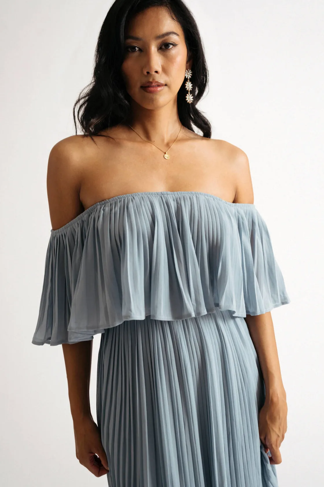 Tobi Free Spirited Pleated Off The Shoulder Maxi Dress - Blue