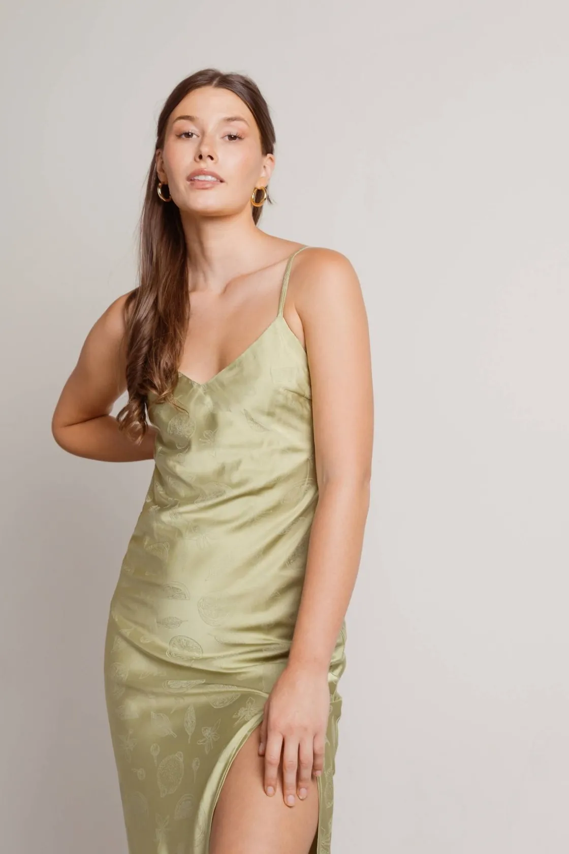 Tobi Fruit Salad Satin High Slit Midi Dress -